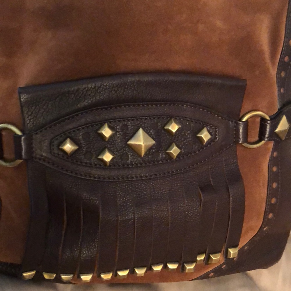 Micheal Kors size X- large brown suede bag brass studded leather fringe - Picture 9 of 16